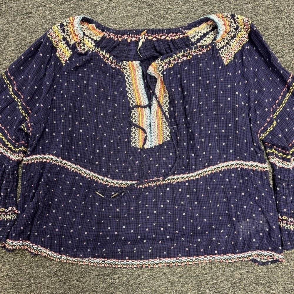 Free People Boho Cotton Blend Pheasant Blouse Top Size XS - Picture 3 of 6